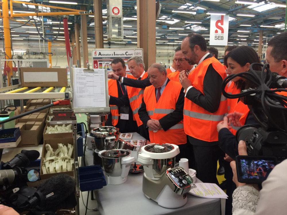 French Prime Minister Edouard Philippe visits the Groupe SEB plant in Mayenne