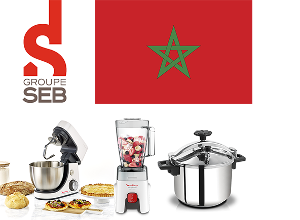 Groupe SEB logo with the flag of Morocco and several products sold in Morocco: Express cocotte, the genuine Moulinex blender and Moulinex food processor