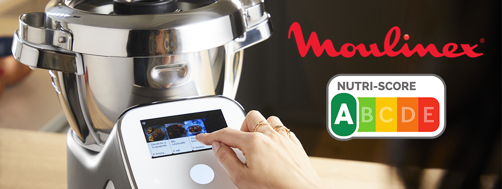 Companion Moulinex en utilisation, logo Moulinex et logo Nutri-Score A