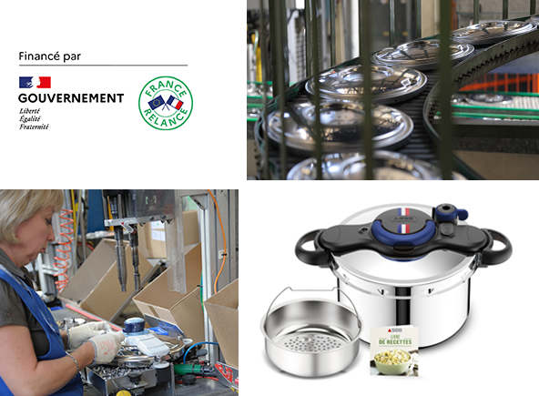 Mosaic of 4 visuals: logo funded by Government and 'France Relance' plan, photo of a woman who assembles a pressure cooker lid, pressure cooker packshot with cooking basket and recipe booklet and pressure cooker lids production line.