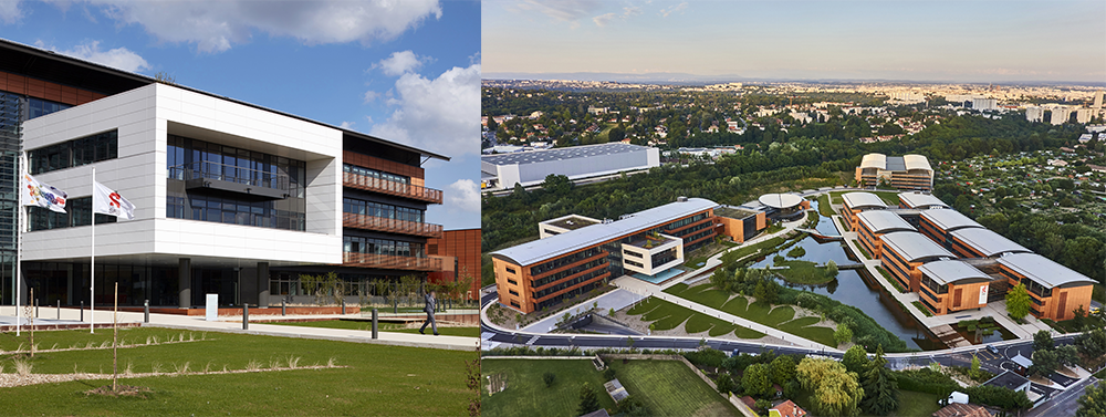 left photo close-up of the Groupe SEB headquarters in Ecully and right photo of the Campus in Ecully