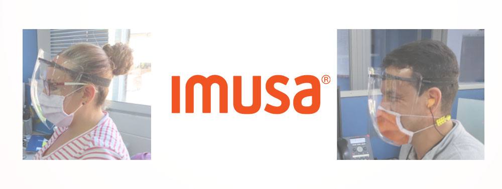 logo imusa in the center and people wearing the mask on the sides