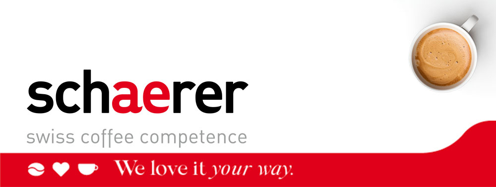 logo schaerer "swiss coffee competence, we love it your way" and cup of coffee
