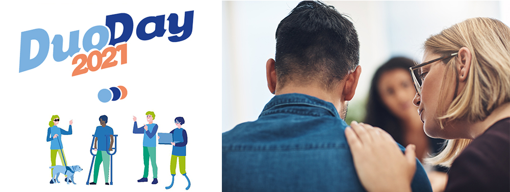 Logo Duoday et visuel d'illustration duo et situation de handicap