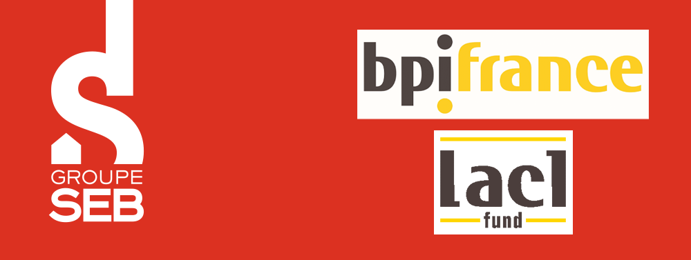 red banner with Groupe SEB logo on the left and Bpifrance and Lac1 fund logos on the right